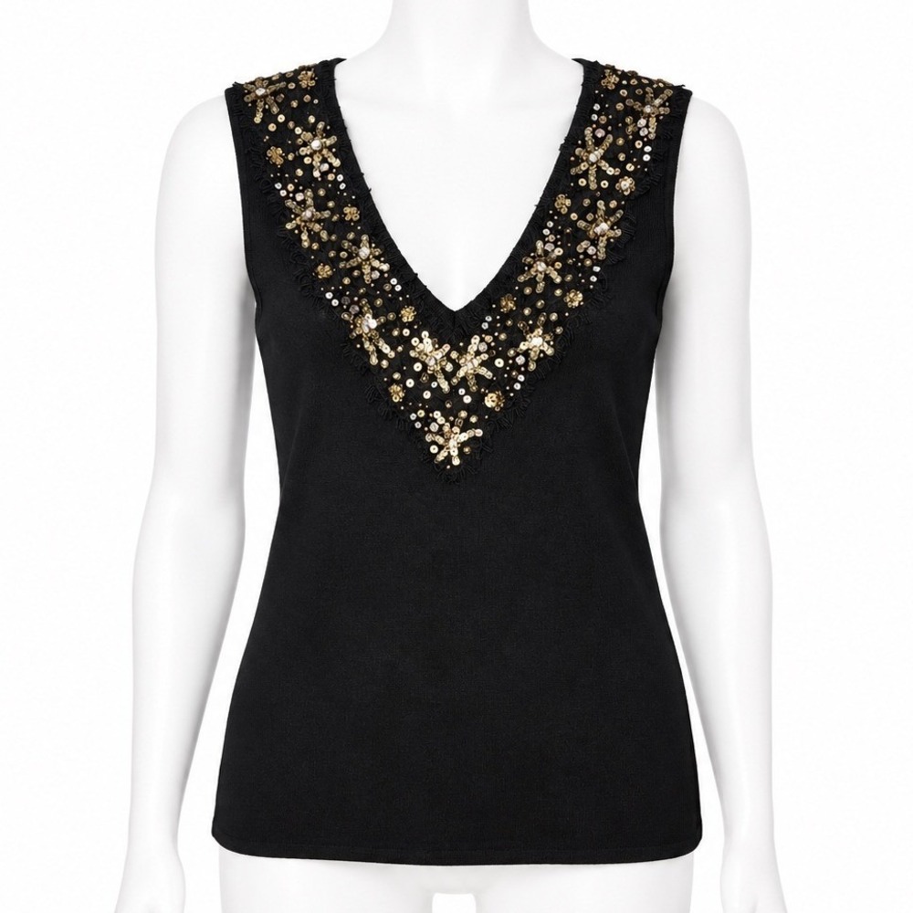 Michelle Antonelli Tank Top Large Black Sequin Beaded V-Neck Knit Sleeveless